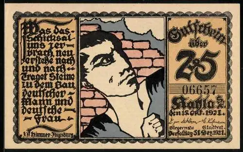 Notgeld Kahla /S. A. 1921, 25 Pfennig, Statistik: Bewertung fremder Banknoten, Mann vor einer Mauer