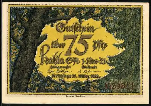 Notgeld Kahla /S. A. 1921, 75 Pfennig, Eiche und Tanne, Pfortenberg mit Turm, Ritter