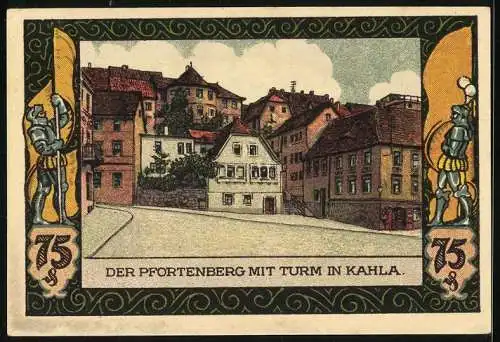 Notgeld Kahla /S. A. 1921, 75 Pfennig, Eiche und Tanne, Pfortenberg mit Turm, Ritter