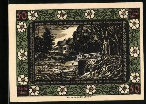 Notgeld Kalbsrieth, 50 Pfennig, Brückenpartie, Wagen, Blumen-Ornamente