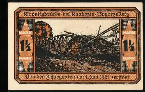 Notgeld Kandrzin-Pogorzelletz 1921, 1 1 /2 Mark, Wappen, Zerstörte Klodnitzbrücke