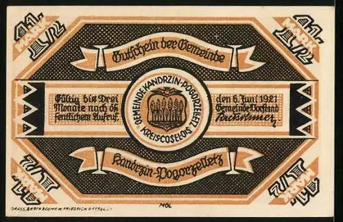 Notgeld Kandrzin-Pogorzelletz 1921, 1 1 /2 Mark, Wappen, Zerstörte Klodnitzbrücke