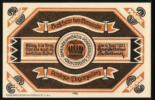 Notgeld Kandrzin-Pogorzelletz 1921, 3 Mark, Wappen, Alte Schrothholzkirche