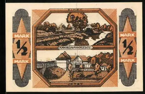 Notgeld Kandrzin-Pogorzelletz 1921, 1 /2 Mark, Wappen, Ortsansicht, Ortspartie