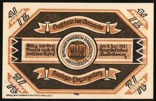 Notgeld Kandrzin-Pogorzelletz 1921, 1 /2 Mark, Wappen, Ortsansicht, Ortspartie