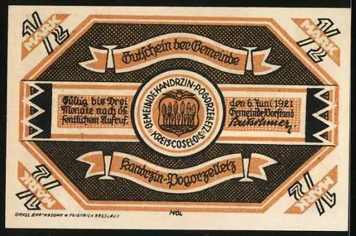 Notgeld Kandrzin-Pogorzelletz 1921, 1 /2 Mark, Wappen, Ortsansicht und Ortspartie