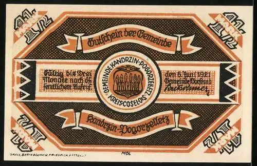 Notgeld Kandrzin-Pogorzelletz 1921, 1 1 /2 Mark, Wappen, Von den Insurgenten zerstörte Klodnitzbrücke