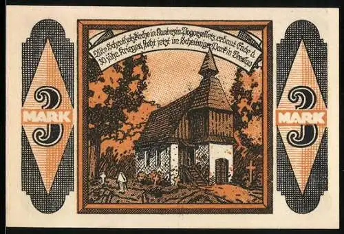 Notgeld Kandrzin-Pogorzelletz 1921, 3 Mark, Wappen, Alte Schrothholzkirche mit Kirchhof