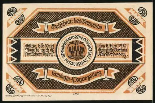 Notgeld Kandrzin-Pogorzelletz 1921, 3 Mark, Wappen, Alte Schrothholzkirche mit Kirchhof