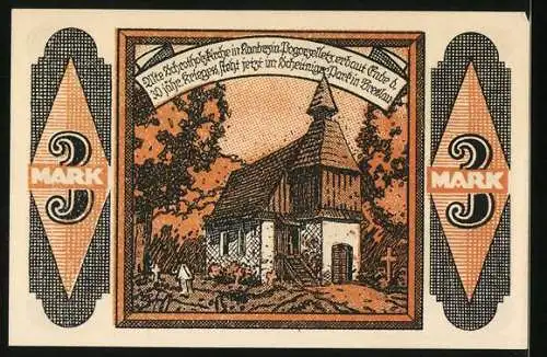 Notgeld Kandrzin-Pogorzelletz 1921, 3 Mark, Wappen, Alte Schrothholzkirche und Kirchhof