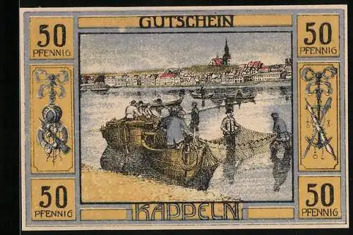 Notgeld Kappeln 1920, 50 Pfennig, Wappen, Fischer mit Netzen vor Ortspanorama