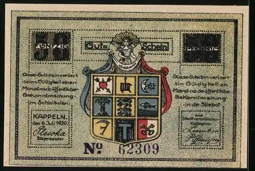Notgeld Kappeln 1920, 50 Pfennig, Wappen, Fischer mit Netzen vor Ortspanorama