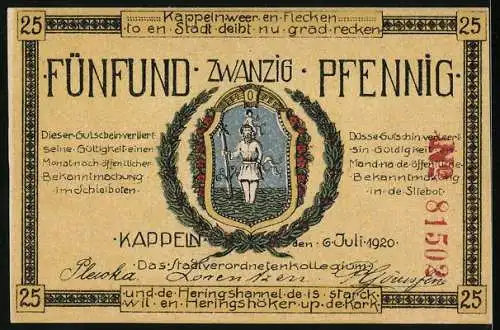 Notgeld Kappeln 1920, 25 Pfennig, Wappen, Übergang der Preussen über die Schlei