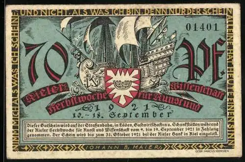 Notgeld Kiel 1921, 70 Pfennig, Herbstwoche für Kunst und Wissenschaft, Wappen und Segelboot, Die alten Speicher
