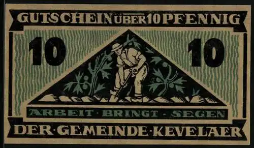 Notgeld Kevelaer 1921, 10 Pfennig, Wappen, Ackersmann mit Disteln