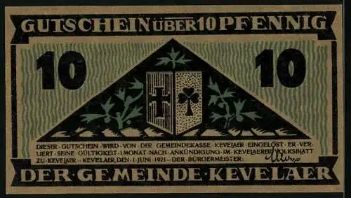 Notgeld Kevelaer 1921, 10 Pfennig, Wappen, Ackersmann mit Disteln