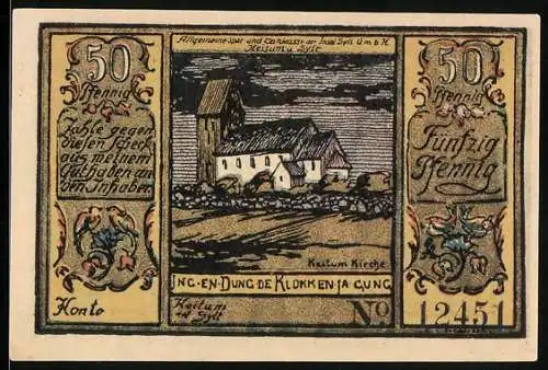 Notgeld Sylt 1922, 50 Pfennig, Allgemeine Sparkasse, Kirche in Keitum, Münzen und Geldscheine