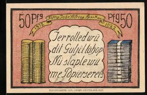 Notgeld Sylt 1922, 50 Pfennig, Allgemeine Sparkasse, Kirche in Keitum, Gestapelte Münzen und Geldscheine