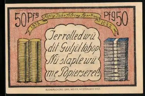 Notgeld Sylt 1922, 50 Pfennig, Allgemeine Sparkasse, Kirche in Keitum, Gestapelte Münzen und Scheine
