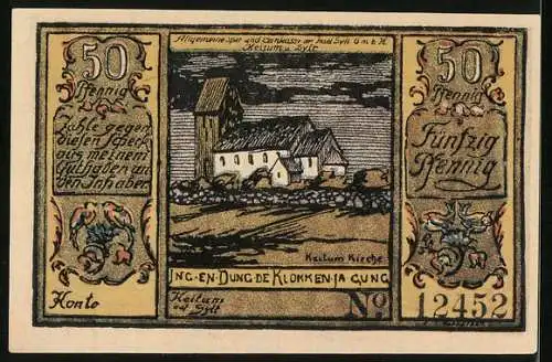 Notgeld Sylt 1922, 50 Pfennig, Allgemeine Sparkasse, Kirche in Keitum, Gestapelte Münzen und Scheine