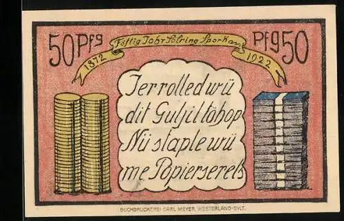Notgeld Sylt 1922, 50 Pfennig, Allgemeine Sparkasse, Kirche in Keitum, Münzen und Geldschein-Stapel