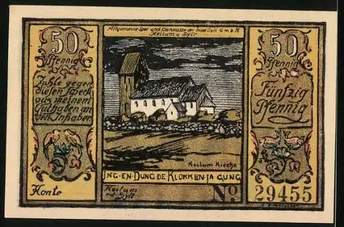 Notgeld Sylt 1922, 50 Pfennig, Allgemeine Sparkasse, Kirche in Keitum, Münzen und Geldschein-Stapel
