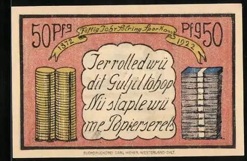 Notgeld Sylt 1922, 50 Pfennig, Allgemeine Sparkasse, Kirche in Keitum, Münz- und Geldschein-Stapel