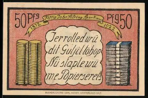 Notgeld Sylt 1922, 50 Pfennig, Allgemeine Sparkasse, Kirche in Keitum, Stapel von Münzen und Geldscheinen
