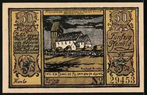 Notgeld Sylt 1922, 50 Pfennig, Allgemeine Sparkasse, Kirche in Keitum, Stapel von Münzen und Geldscheinen