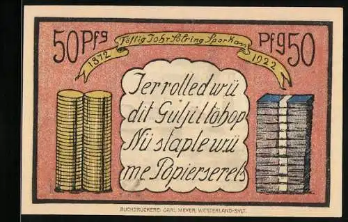 Notgeld Sylt 1922, 50 Pfennig, Allgemeine Sparkasse, Keitumer Kirche, Münzen und Geldscheine