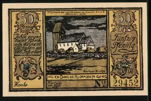 Notgeld Sylt 1922, 50 Pfennig, Allgemeine Sparkasse, Keitumer Kirche, Münzen und Geldscheine