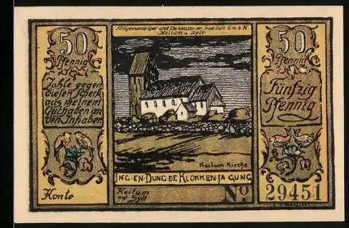 Notgeld Sylt 1922, 50 Pfennig, Allgemeine Sparkasse, Kirche Keitum, Münzen und Geldscheine