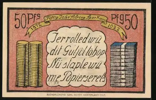 Notgeld Sylt 1922, 50 Pfennig, Allgemeine Sparkasse, Kirche Keitum, Münzen und Geldscheine