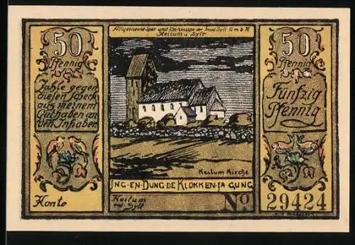Notgeld Sylt 1922, 50 Pfennig, Allgemeine Sparkasse, Keitum-Kirche, Münzen und Geldscheine