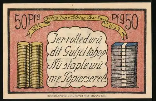 Notgeld Sylt 1922, 50 Pfennig, Allgemeine Sparkasse, Keitum-Kirche, Münzen und Geldscheine