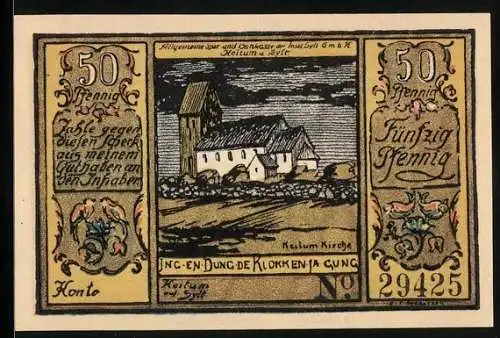 Notgeld Sylt 1922, 50 Pfennig, Allgemeine Sparkasse der Insel, Kirche in Keitum, Münzen und Geldscheine
