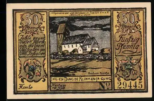 Notgeld Sylt 1922, 50 Pfennig, Allgemeine Sparkasse der Insel Sylt, Kirche in Keitum, Münzen und Geldscheine