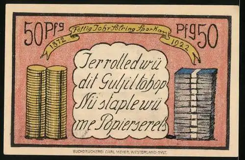 Notgeld Sylt 1922, 50 Pfennig, Allgemeine Sparkasse der Insel Sylt, Kirche in Keitum, Münzen und Geldscheine