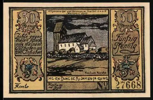 Notgeld Sylt 1922, 50 Pfennig, Allgemeine Spar- und Bankkasse der Insel, Kirche in Keitum, Münzen und Geldscheine
