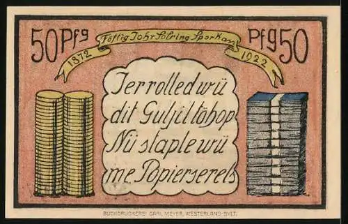 Notgeld Sylt 1922, 50 Pfennig, Allgemeine Spar- und Bankkasse der Insel, Kirche in Keitum, Münzen und Geldscheine