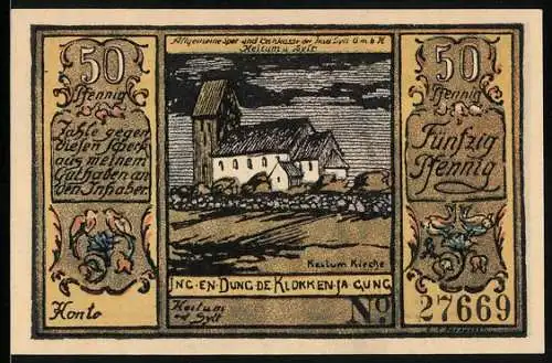 Notgeld Sylt 1922, 50 Pfennig, Allgemeine Spar- und Bankkasse der Insel Sylt, Kirche in Keitum, Münzen und Geldscheine