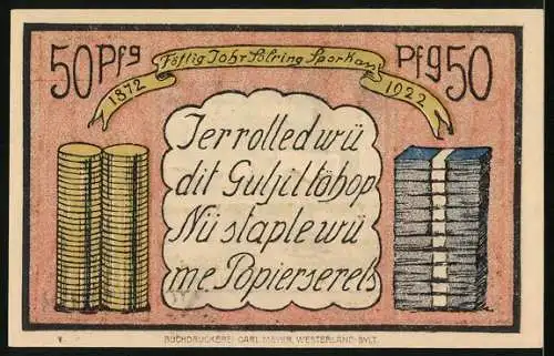 Notgeld Sylt 1922, 50 Pfennig, Allgemeine Spar- und Bankkasse der Insel Sylt, Kirche in Keitum, Münzen und Geldscheine