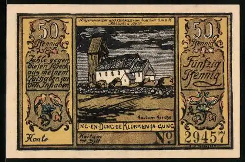 Notgeld Sylt 1922, 50 Pfennig, Allgemeine Spar- und Bankkasse, Kirche in Keitum, Gestapelte Münzen und Geldscheine
