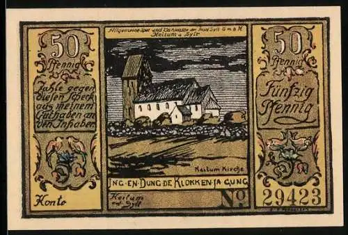Notgeld Sylt 1922, 50 Pfennig, Allgemeine Spar- und Bankkasse, Kirche in Keitum, Münzen und Geldscheine gestapelt