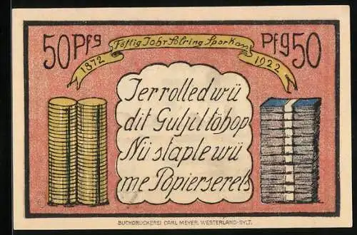 Notgeld Sylt 1922, 50 Pfennig, Allgemeine Spar- und Bankkasse, Kirche in Keitum, Münzen und Geldscheine in Stapeln