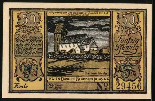 Notgeld Sylt 1922, 50 Pfennig, Allgemeine Spar- und Bankkasse, Kirche in Keitum, Münzen und Geldscheine in Stapeln