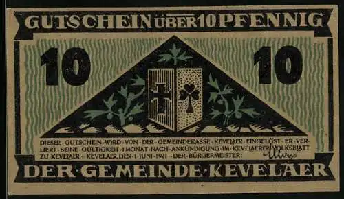Notgeld Kevelaer 1921, 10 Pfennig, Wappen, Grabender Bauer mit Disteln