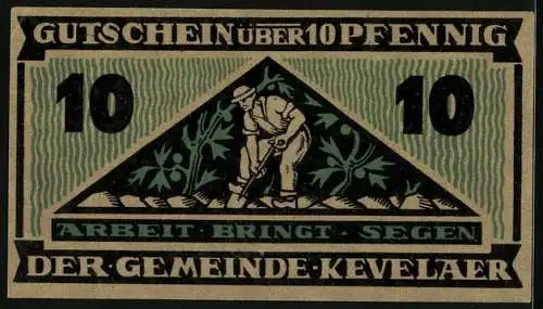 Notgeld Kevelaer 1921, 10 Pfennig, Wappen, Grabender Bauer mit Disteln