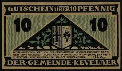 Notgeld Kevelaer 1921, 10 Pfennig, Wappen, Bauer mit Spaten und Disteln