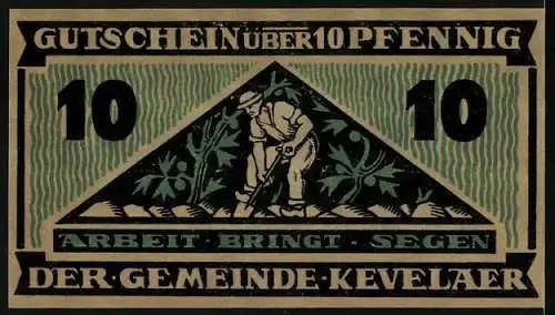 Notgeld Kevelaer 1921, 10 Pfennig, Wappen, Bauer mit Spaten und Disteln